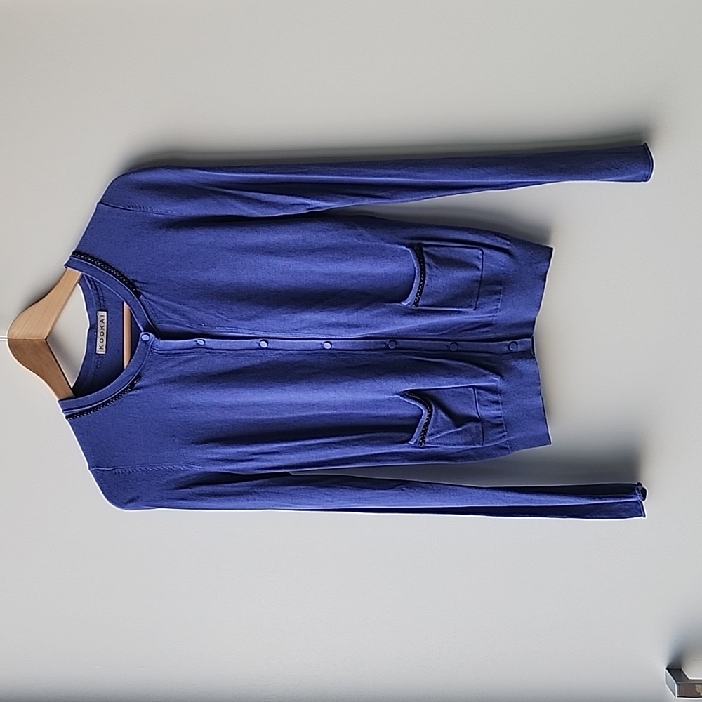 Kookai Braided Trim Fine Knit Button Up Blue Cardigan